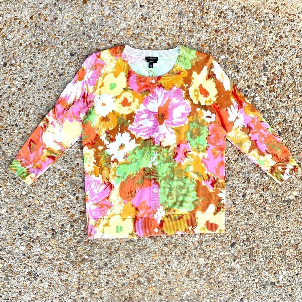 Talbots Like New Pima Cotton Floral Watercolor 3/4 Sleeve Button Down Sweater MP